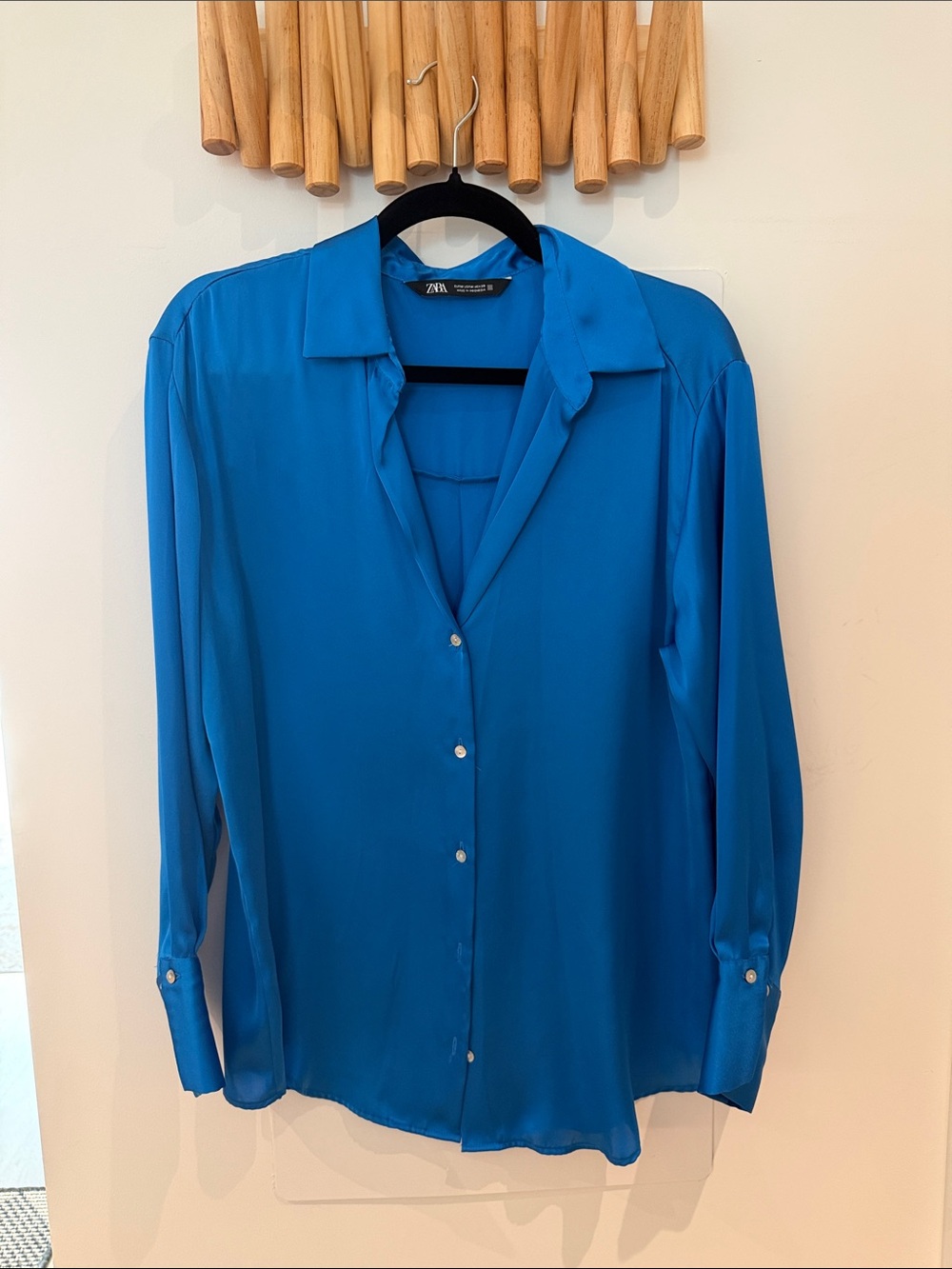Zara Satin Button-Front Shirt in Cobalt Blue